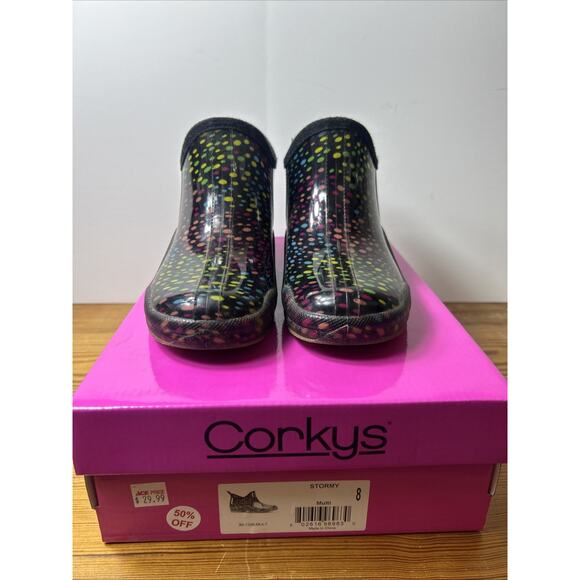 Corkys Women’s Rubber Rain Ankle Boots RAINBOW-Colored Polka Dot, Size 8 - Picture 7 of 9